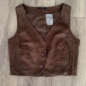 Madewell 100% Linen Brown Button-Front Crop Vest